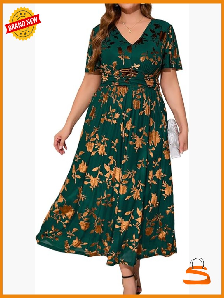Women's Velvet Maxi Dress V Neck Short Sleeve Empire Waist Formal